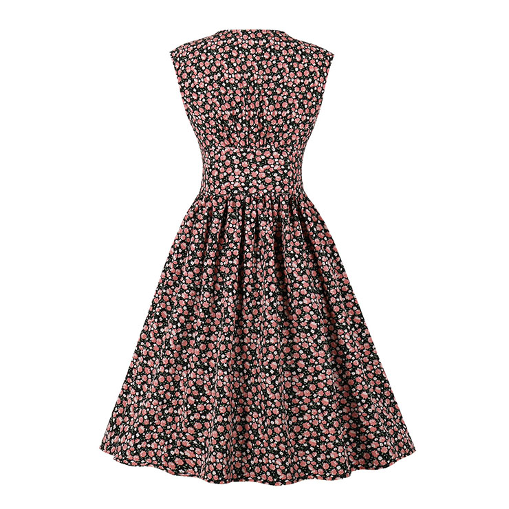 Vintage Floral Print V Neckline Front Button Sleeveless High Waist Cocktail Swing Dress N22097
