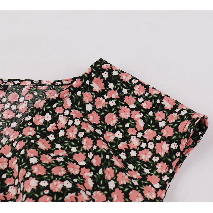 Vintage Floral Print V Neckline Front Button Sleeveless High Waist Cocktail Swing Dress N22097