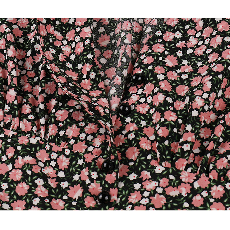 Vintage Floral Print V Neckline Front Button Sleeveless High Waist Cocktail Swing Dress N22097
