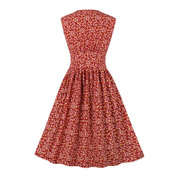 Vintage Floral Print V Neckline Front Button Sleeveless High Waist Cocktail Swing Dress N22098