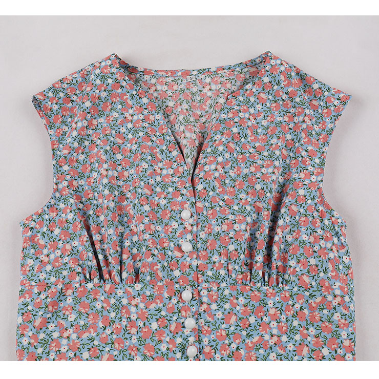 Vintage Floral Print V Neckline Front Button Sleeveless High Waist Cocktail Swing Dress N22099