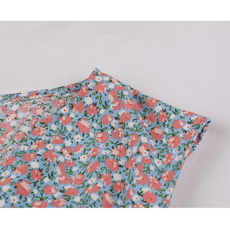 Vintage Floral Print V Neckline Front Button Sleeveless High Waist Cocktail Swing Dress N22099