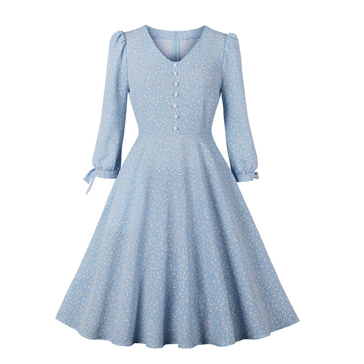 Vintage Floral Print V Neckline 3/4 Sleeve Front Button High Waist Tea Party Midi Dress N21587