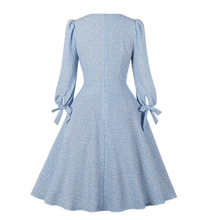 Vintage Floral Print V Neckline 3/4 Sleeve Front Button High Waist Tea Party Midi Dress N21587