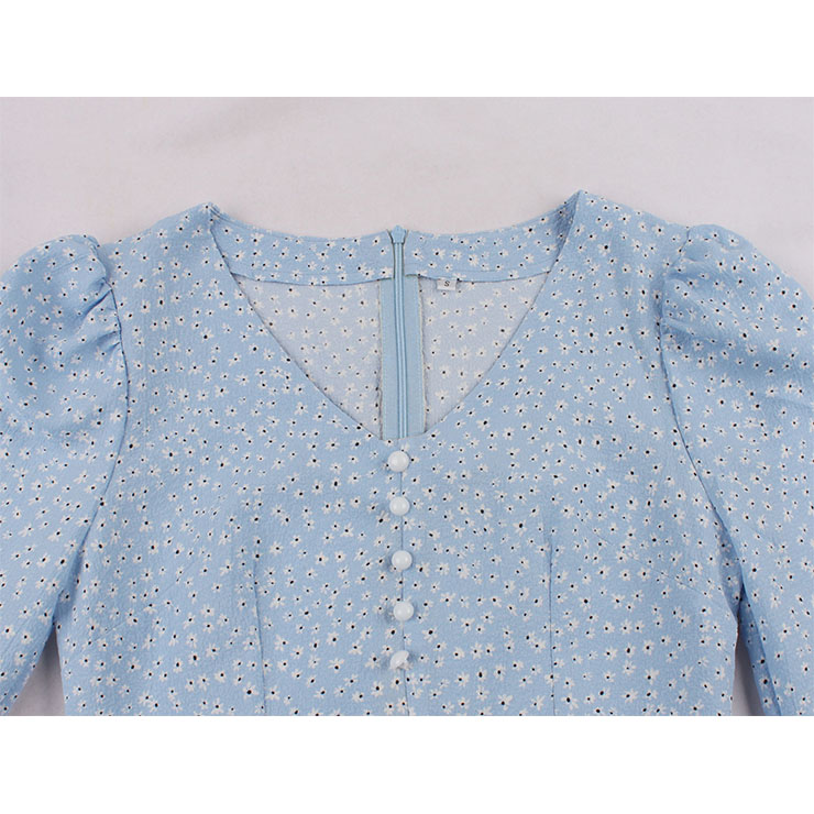 Vintage Floral Print V Neckline 3/4 Sleeve Front Button High Waist Tea Party Midi Dress N21587
