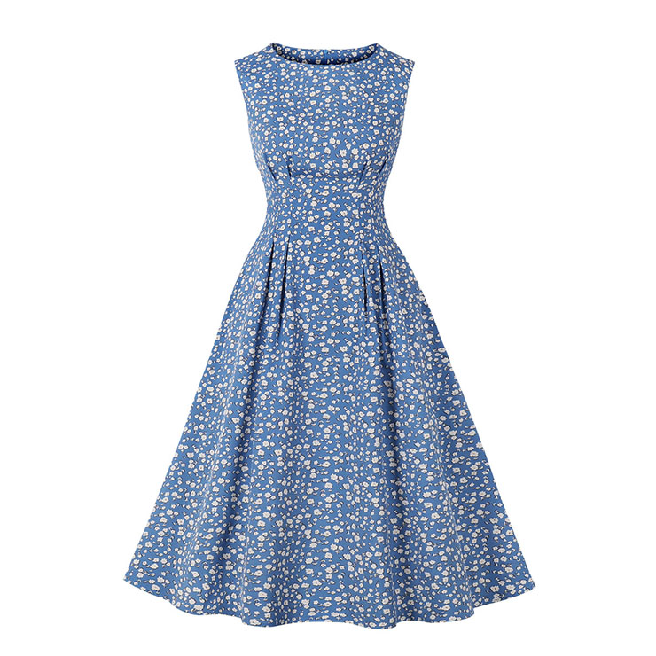 Vintage Floral Print Round Neckline Sleeveless High Waist Summer Cocktail Party Midi Dress N22227
