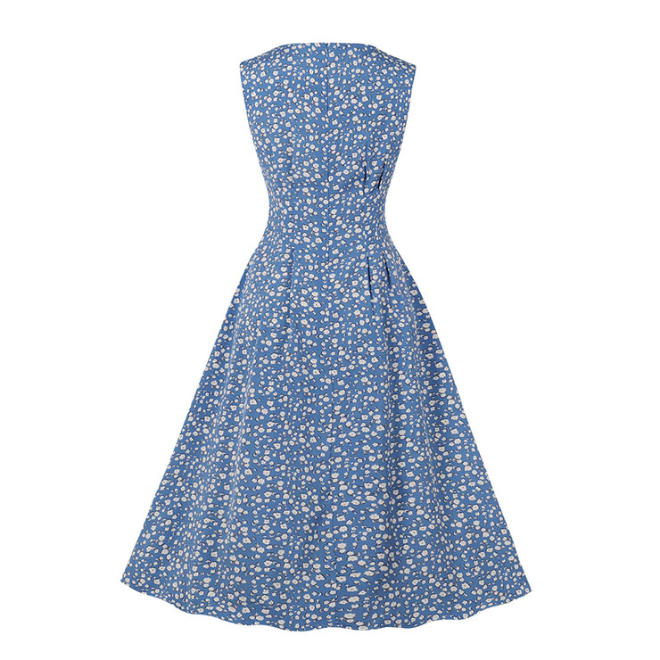 Vintage Floral Print Round Neckline Sleeveless High Waist Summer Cocktail Party Midi Dress N22227