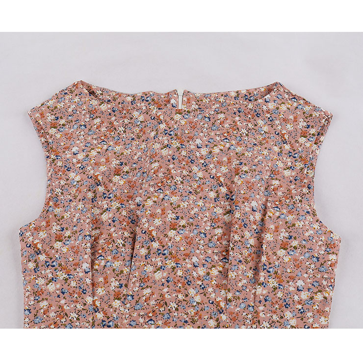 Vintage Floral Print Round Neckline Sleeveless High Waist Summer Cocktail Party Midi Dress N22228