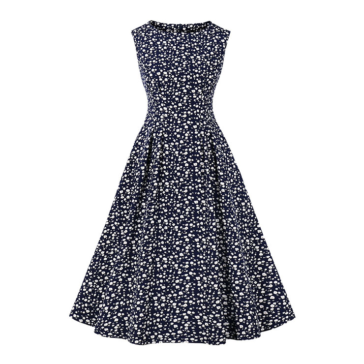 Vintage Floral Print Round Neckline Sleeveless High Waist Summer Cocktail Party Midi Dress N22229