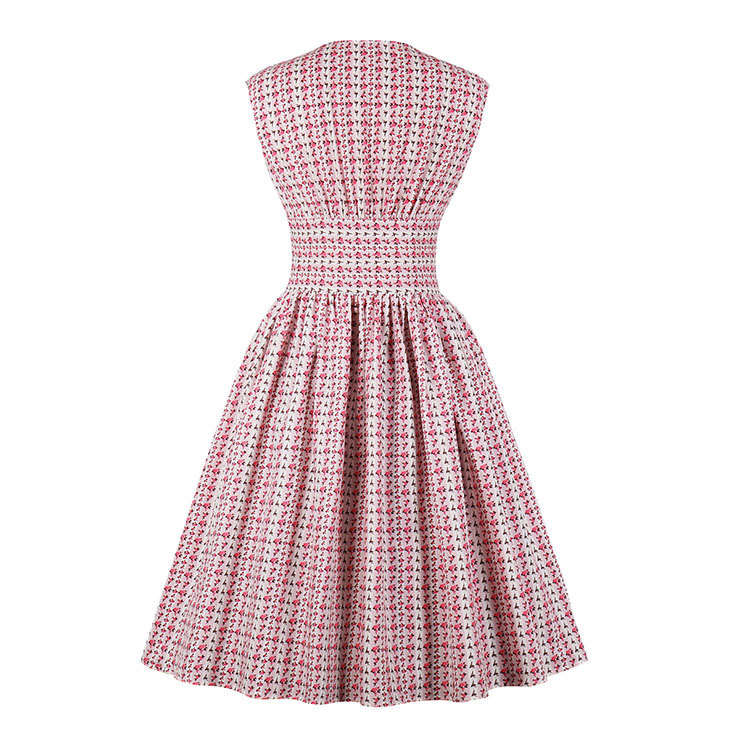 Vintage Pink Floral Print V Neck Sleeveless High Waist Swing Dress N18667