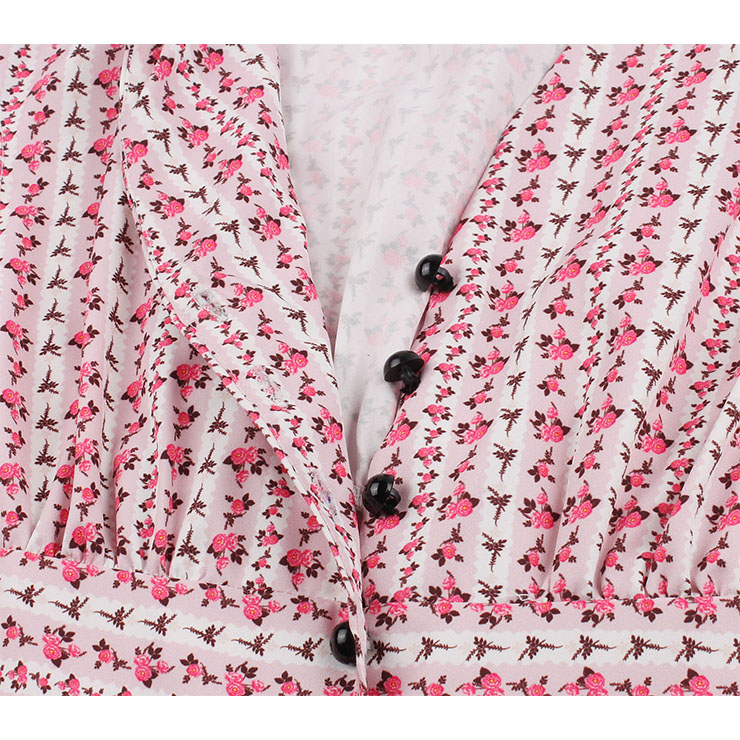 Vintage Pink Floral Print V Neck Sleeveless High Waist Swing Dress N18667