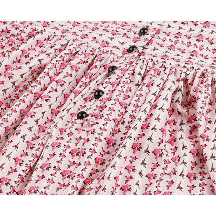 Vintage Pink Floral Print V Neck Sleeveless High Waist Swing Dress N18667