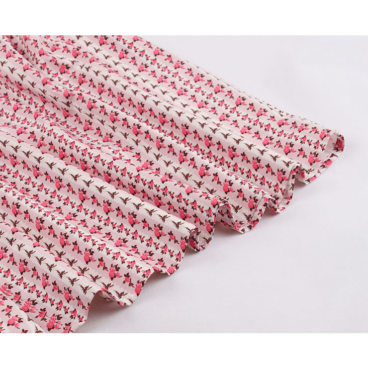 Vintage Pink Floral Print V Neck Sleeveless High Waist Swing Dress N18667