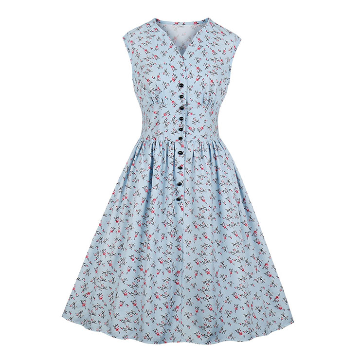 Vintage Light-blue Floral Print V Neck Sleeveless Front Button High Waist Swing Dress N19071
