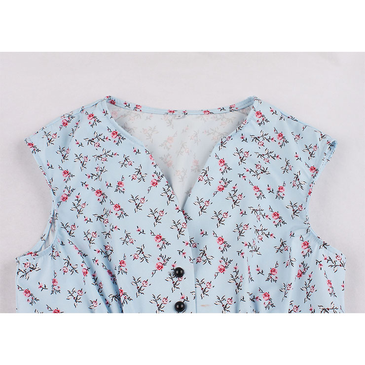 Vintage Light-blue Floral Print V Neck Sleeveless Front Button High Waist Swing Dress N19071