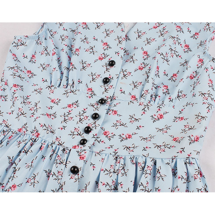 Vintage Light-blue Floral Print V Neck Sleeveless Front Button High Waist Swing Dress N19071