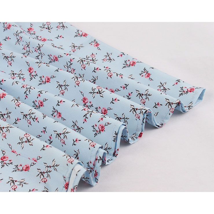 Vintage Light-blue Floral Print V Neck Sleeveless Front Button High Waist Swing Dress N19071