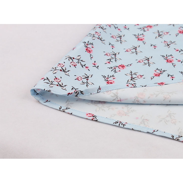 Vintage Light-blue Floral Print V Neck Sleeveless Front Button High Waist Swing Dress N19071