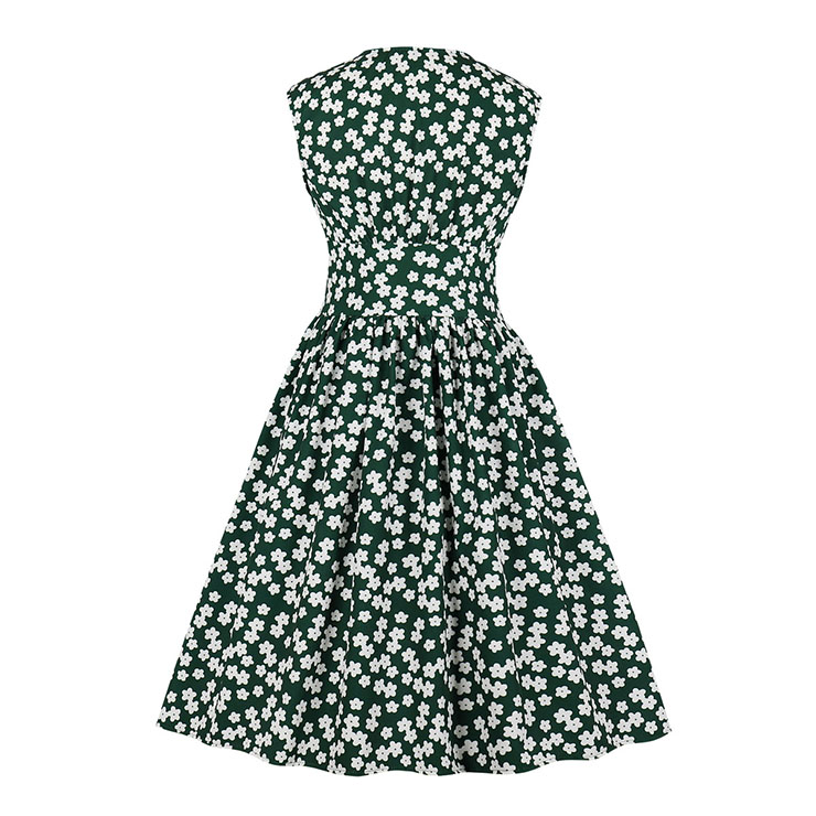 Vintage Dark-green Floral Print V Neck Sleeveless Front Button High Waist Swing Dress N19072