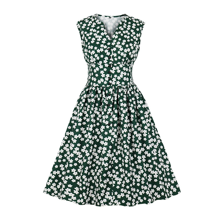 Vintage Dark-green Floral Print V Neck Sleeveless Front Button High Waist Swing Dress N19072
