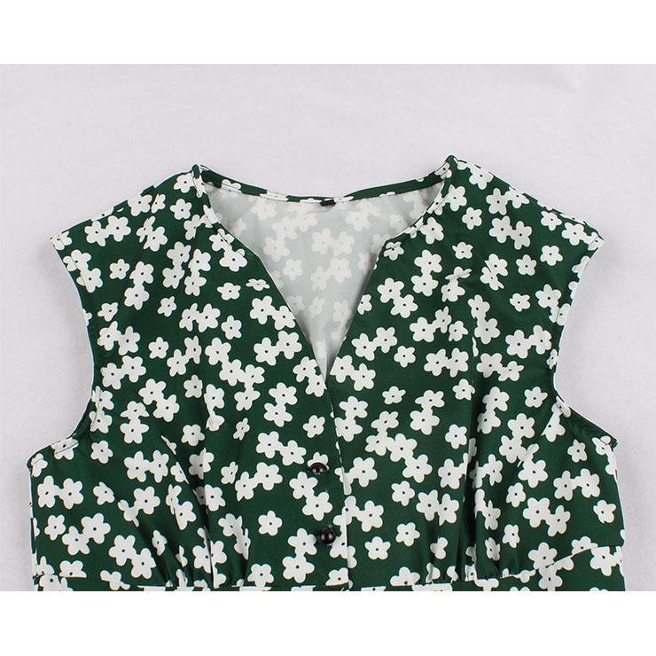 Vintage Dark-green Floral Print V Neck Sleeveless Front Button High Waist Swing Dress N19072