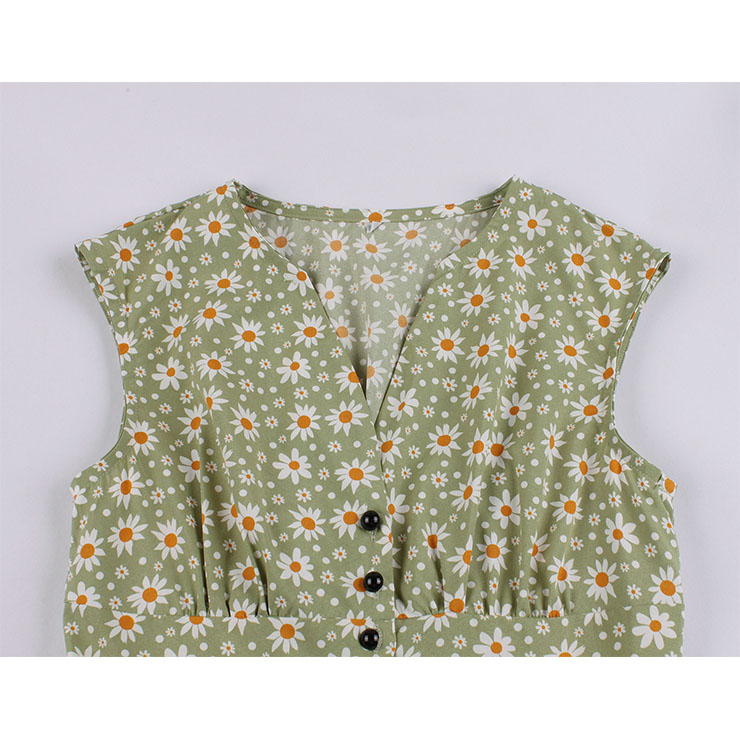 Vintage Daisy Print V Neck Sleeveless Front Button High Waist Summer Swing Dress N20436