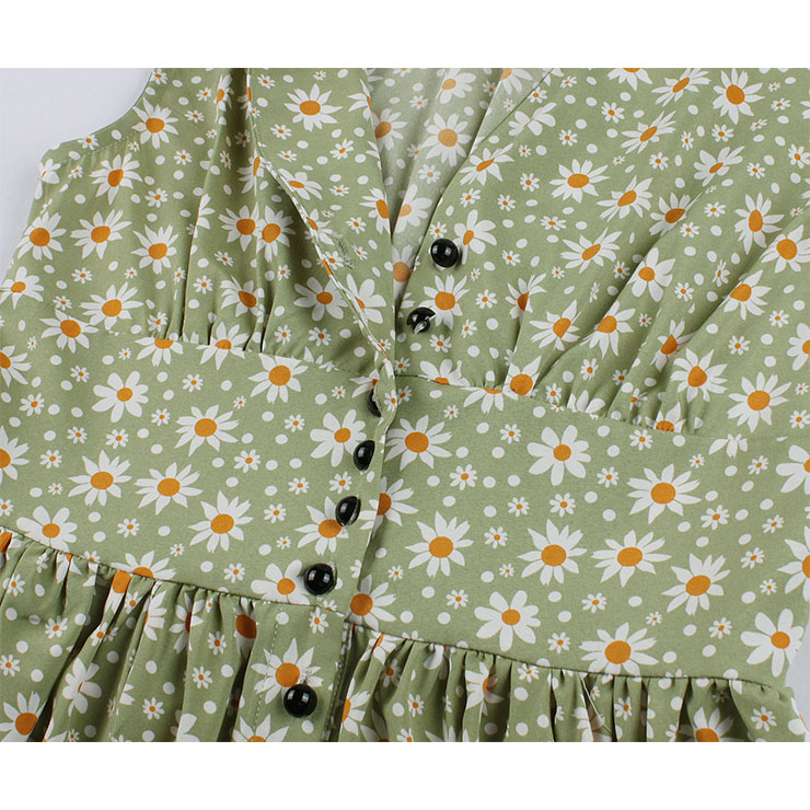 Vintage Daisy Print V Neck Sleeveless Front Button High Waist Summer Swing Dress N20436