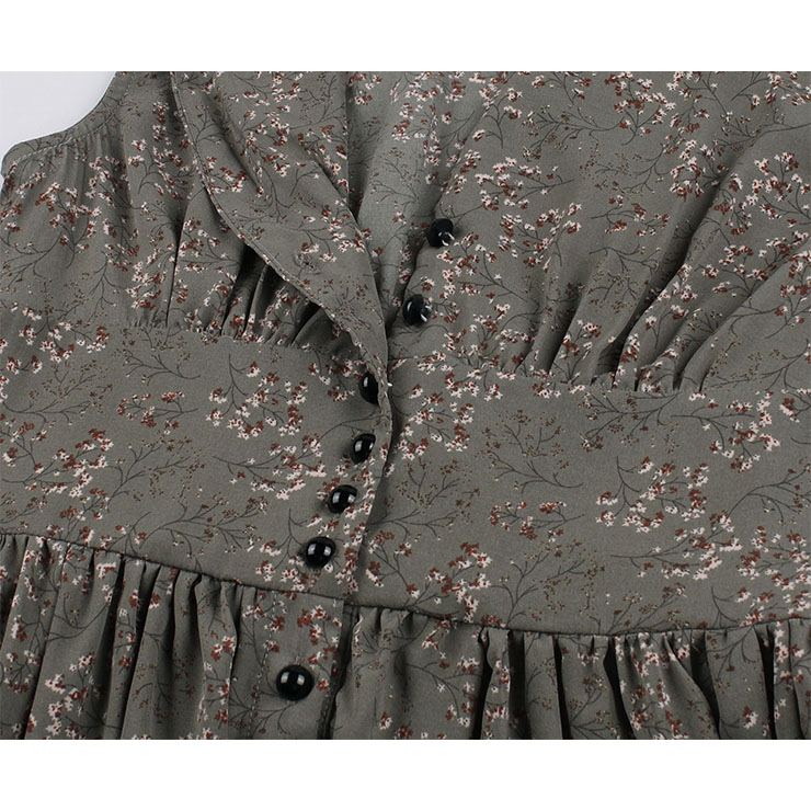 Vintage Floral Print V Neck Sleeveless Front Button High Waist Summer Swing Dress N20437