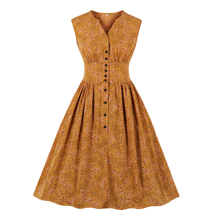 Vintage Floral Print V Neck Sleeveless Front Button High Waist Summer Swing Dress N20438