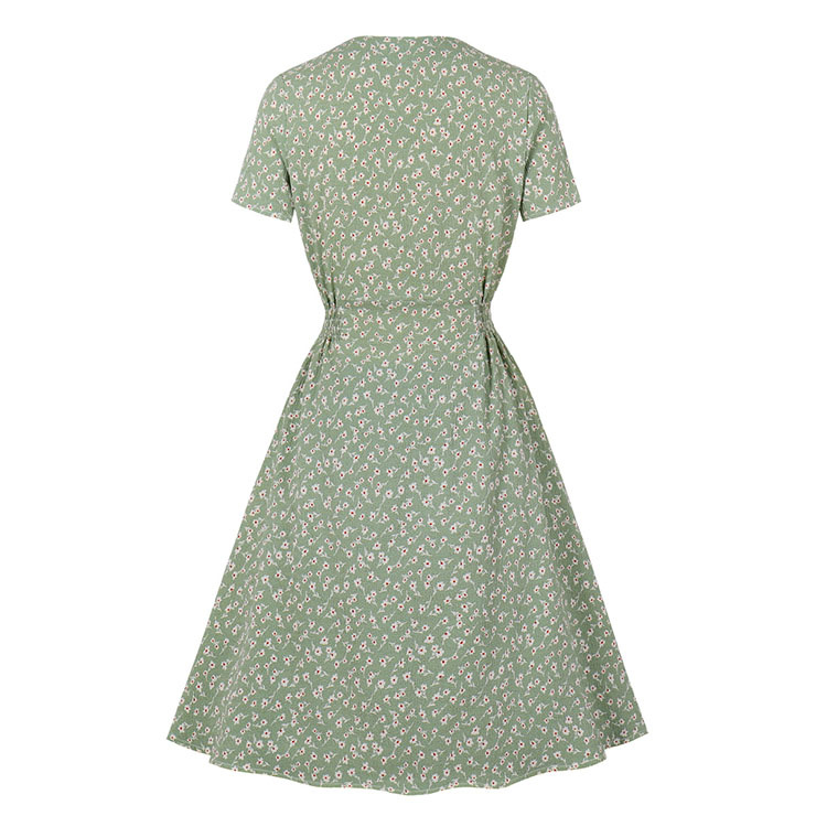 Vintage Floral Print V Neckline Short Sleeves Front Button High Waist Summer Swing Dress N21720