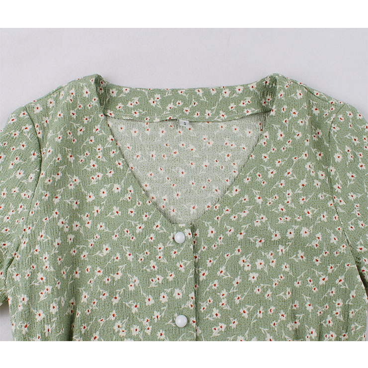 Vintage Floral Print V Neckline Short Sleeves Front Button High Waist Summer Swing Dress N21720