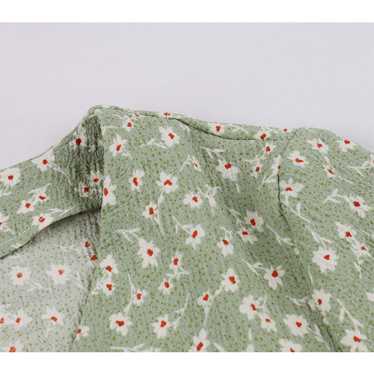 Vintage Floral Print V Neckline Short Sleeves Front Button High Waist Summer Swing Dress N21720
