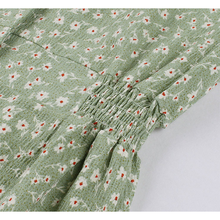 Vintage Floral Print V Neckline Short Sleeves Front Button High Waist Summer Swing Dress N21720
