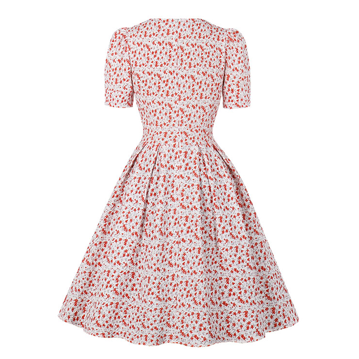 Vintage Floral Print V Neckline Short Sleeves High Waist Summer Tea Party A-line Dress N21721