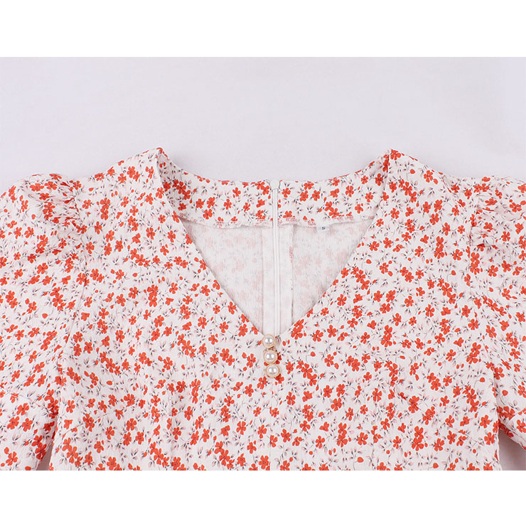 Vintage Floral Print V Neckline Short Sleeves High Waist Summer Tea Party A-line Dress N21721