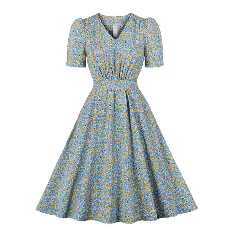 Vintage Floral Print V Neckline Short Sleeves High Waist Summer Tea Party Swing Dress N21728