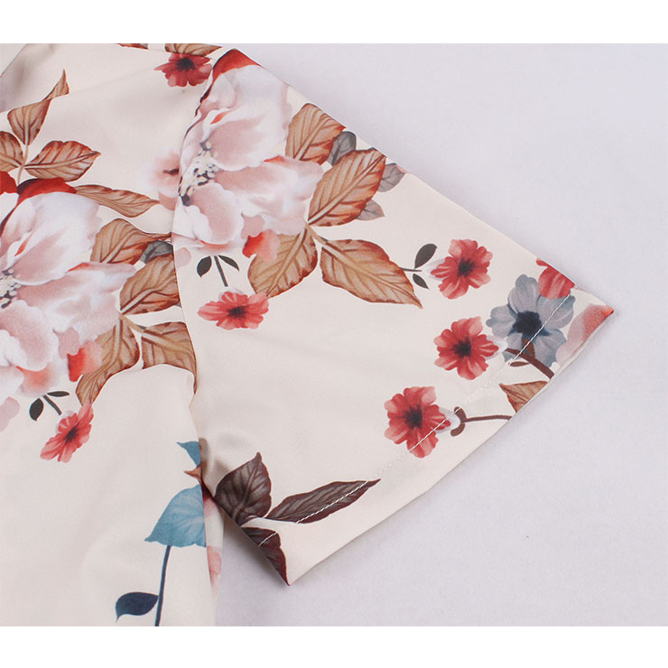 Vintage Floral Print Lapel Short Sleeve Belted Button High Waist Cocktail Party Midi Dress N21854