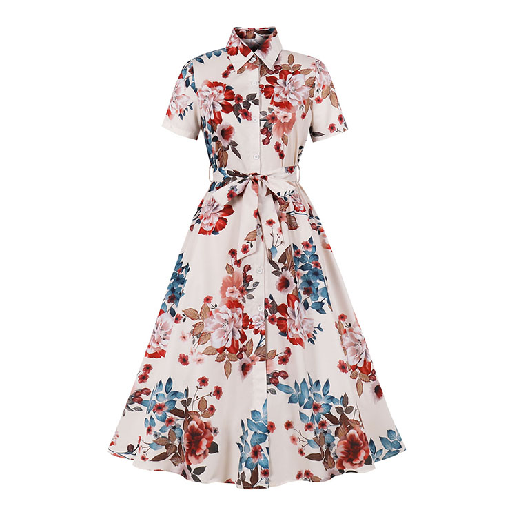 Vintage Floral Print Lapel Short Sleeve Belted Button High Waist Cocktail Party Midi Dress N21854