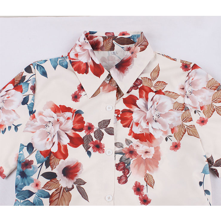 Vintage Floral Print Lapel Short Sleeve Belted Button High Waist Cocktail Party Midi Dress N21854