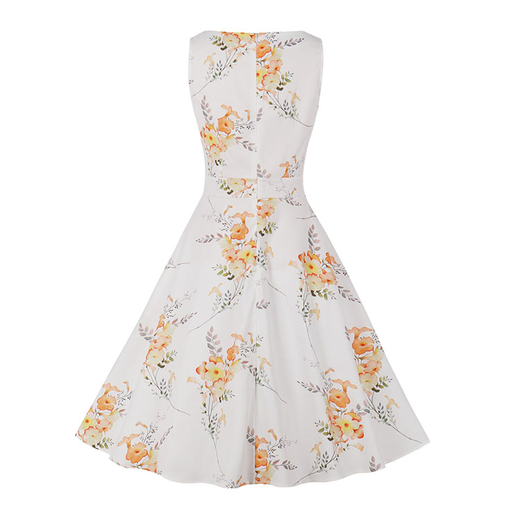 Vintage Floral Print Round Neckline Sleeveless High Waist Summer Cocktail Party Swing Dress N21855