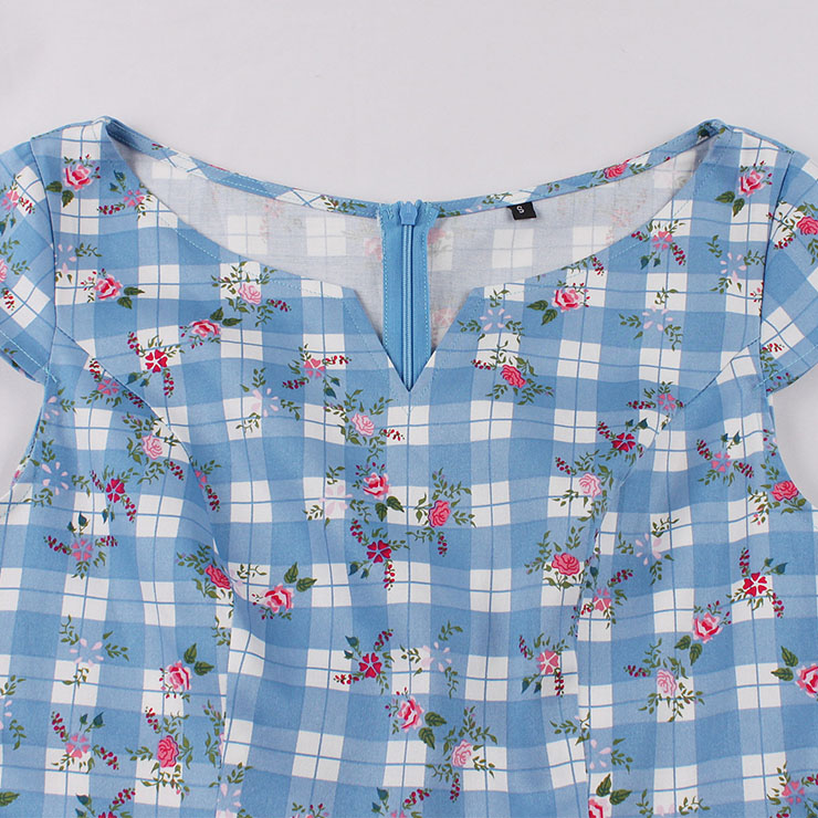 Vintage Flower Pattern V Neck Zipper  Short Sleeve High Waist Summer Daily Swing Dress N22837
