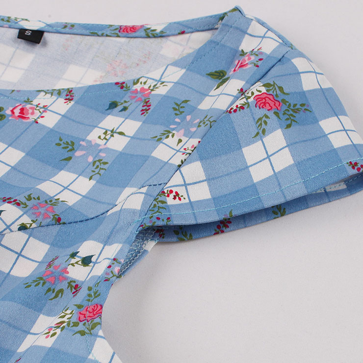 Vintage Flower Pattern V Neck Zipper  Short Sleeve High Waist Summer Daily Swing Dress N22837