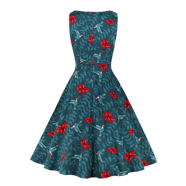 Vintage Flower and Bird Print Round Neckline Sleeveless High Waist Cocktail Party Midi Dress N21866