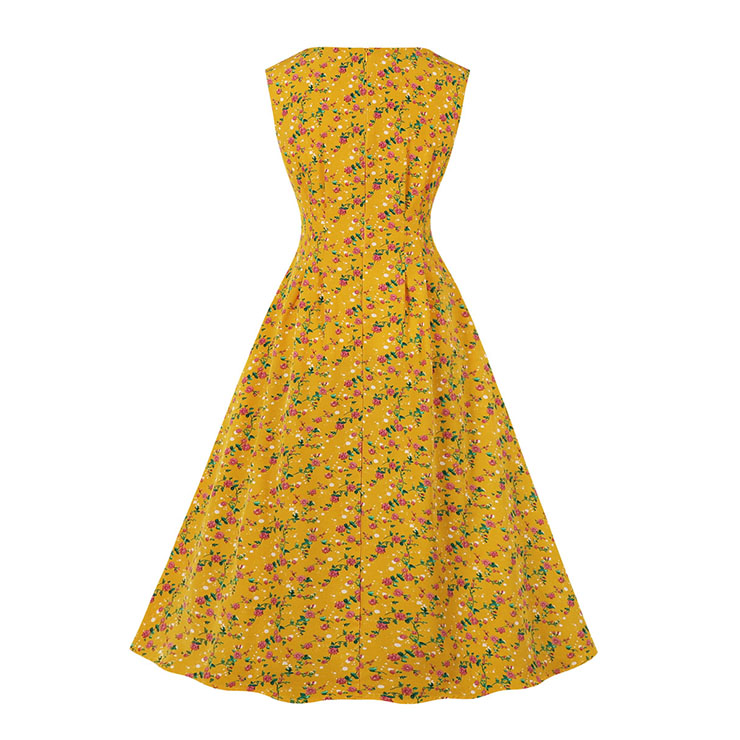 Vintage Floral Print Round Neckline Sleeveless Wide Waistline Cocktail Party Midi Dress N22223