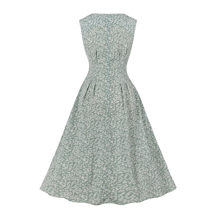 Vintage Floral Print Round Neckline Sleeveless Wide Waistline Summer Party Midi Dress N22224