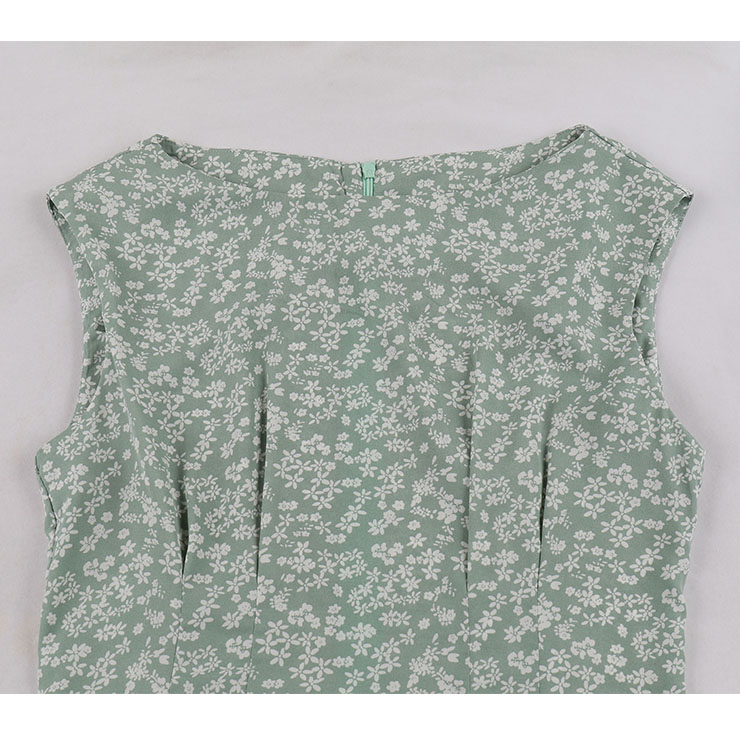 Vintage Floral Print Round Neckline Sleeveless Wide Waistline Summer Party Midi Dress N22224