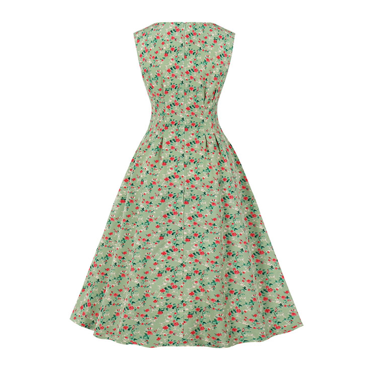 Vintage Floral Print Round Neckline Sleeveless High Waist Summer Party Midi Dress N22225