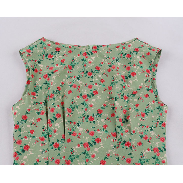 Vintage Floral Print Round Neckline Sleeveless High Waist Summer Party Midi Dress N22225