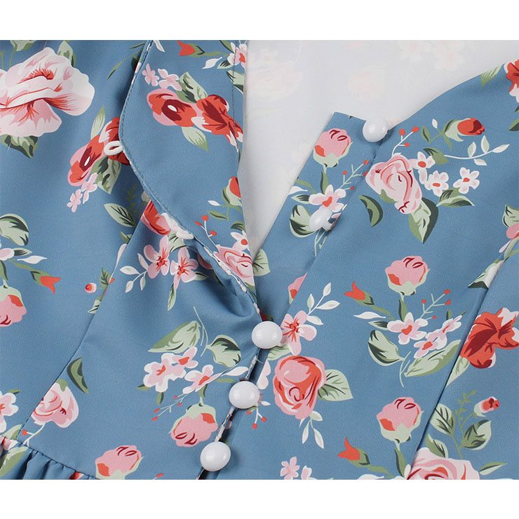 1950s Retro V Neckline Flutter Sleeve Floral Print Front Button Ruffle Summer Swing Dress N22081