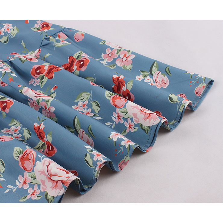 1950s Retro V Neckline Flutter Sleeve Floral Print Front Button Ruffle Summer Swing Dress N22081